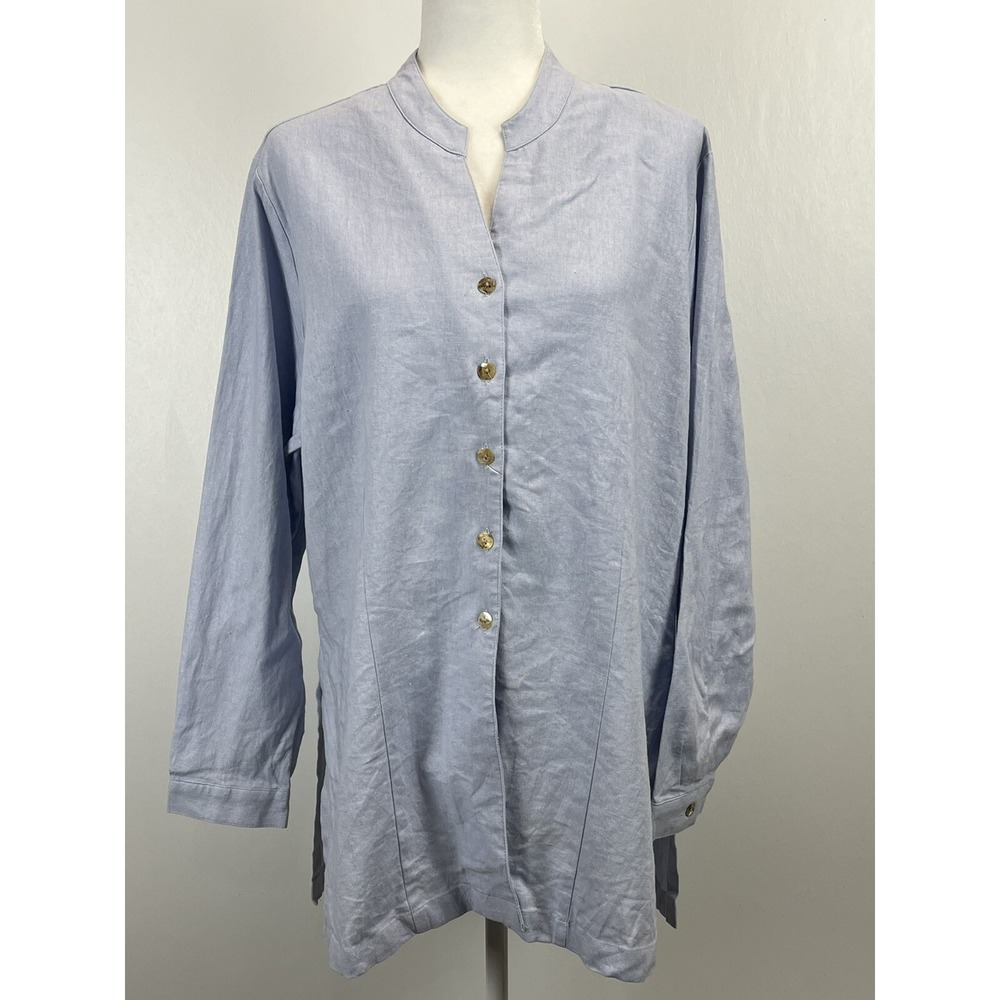 IOS Linen Blend Button up Tunic Shirt Sz Large Womens Lagenlook Beach Oversize